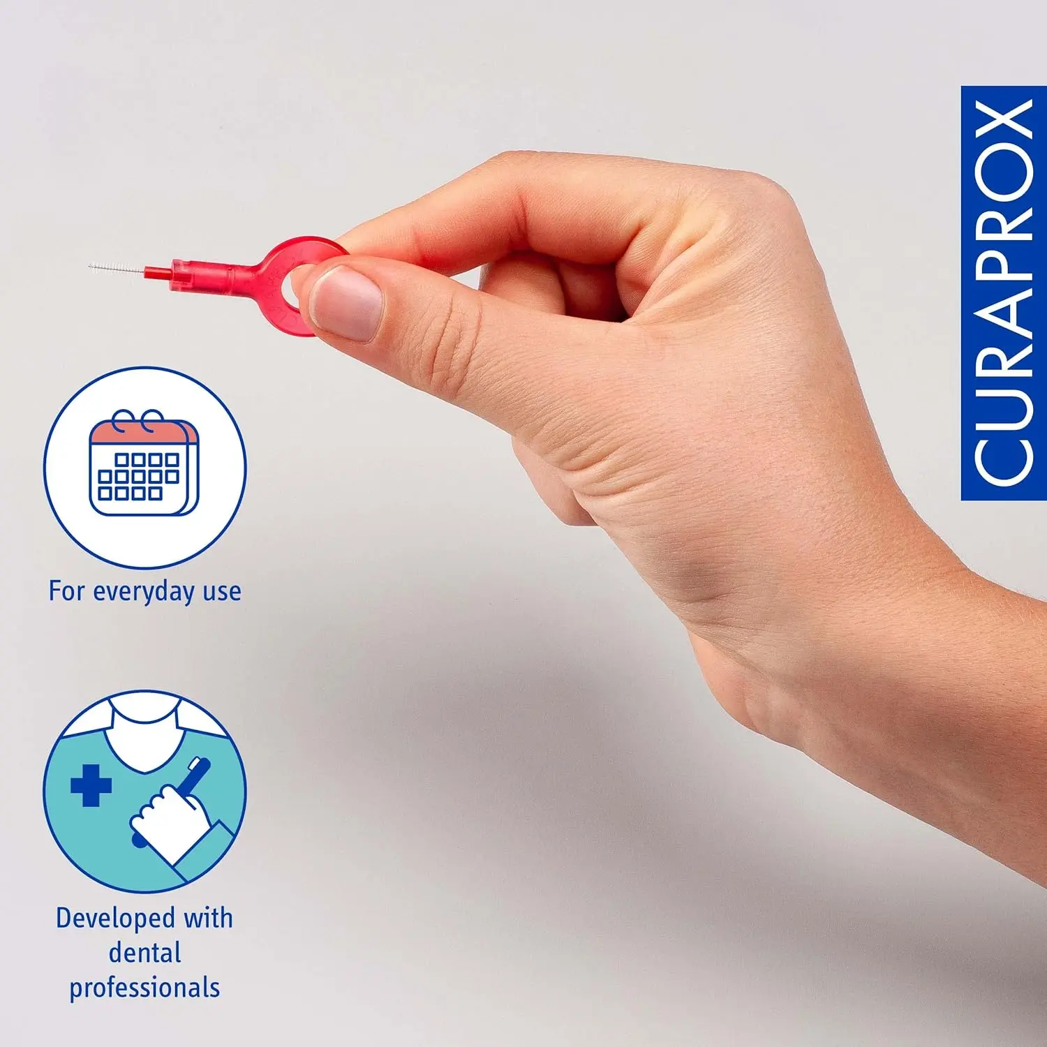 Eight red Curaprox CPS 07 Prime interdental brush refills with ultra-fine 0.7mm bristles for effective cleaning and plaque removal in tight spaces.