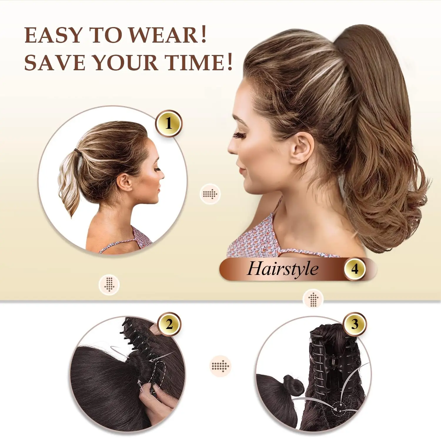 This 13-inch long curly ponytail extension features a claw clip attachment for secure, comfortable wear, adding volume and length for a natural-looking hairstyle.