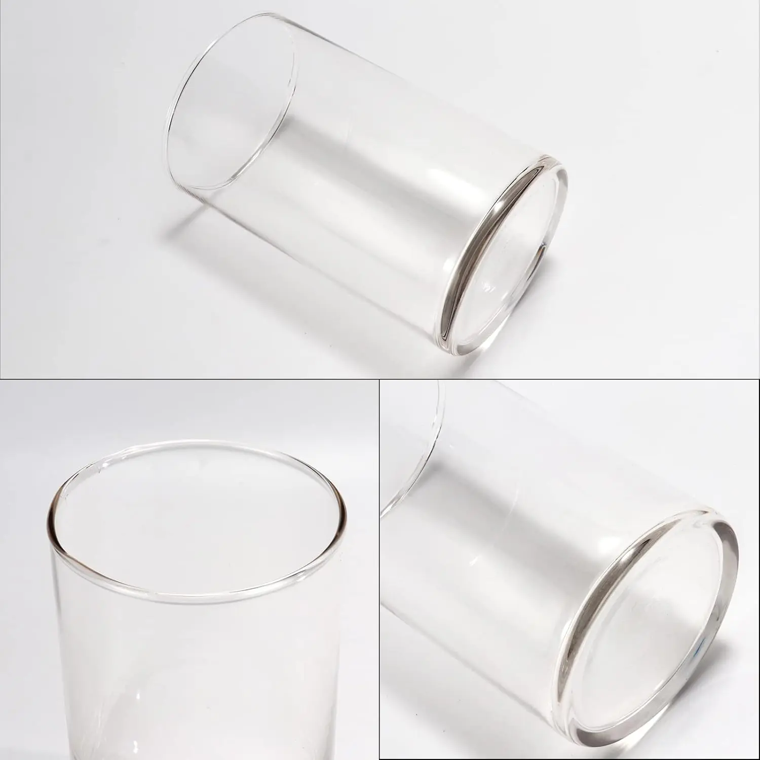 This set of three 6 inch tall clear glass cylinder vases is perfect for wedding centerpieces, floral arrangements, candle holders, or home decor.