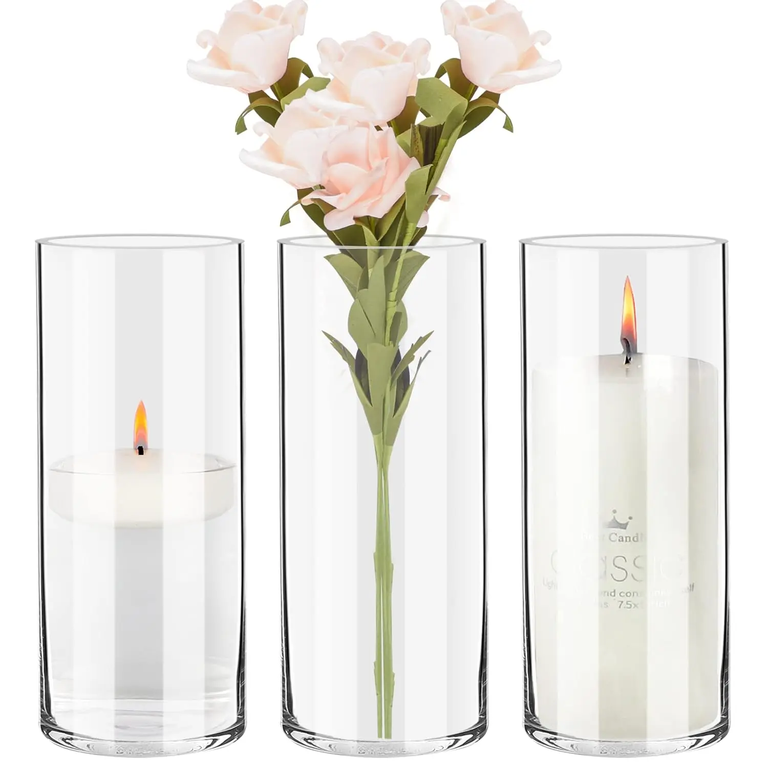 This set of three 6 inch tall clear glass cylinder vases is perfect for wedding centerpieces, floral arrangements, candle holders, or home decor.