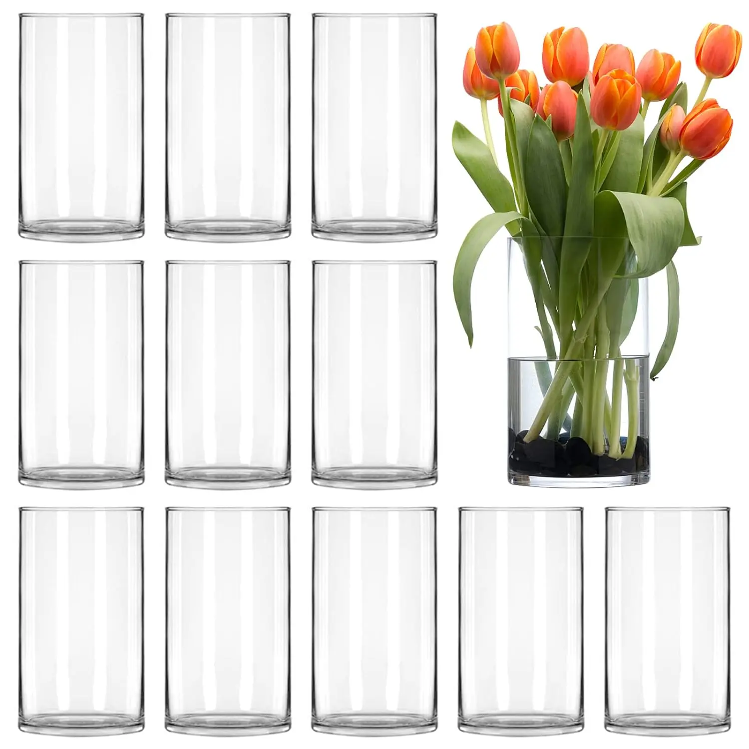 This set of three 6 inch tall clear glass cylinder vases is perfect for wedding centerpieces, floral arrangements, candle holders, or home decor.