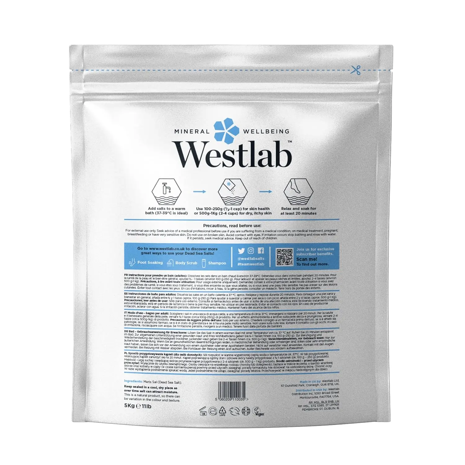 Westlab Dead Sea bath salt naturally rich in magnesium, calcium and potassium to soothe and soften dry, itchy skin prone to eczema and psoriasis.