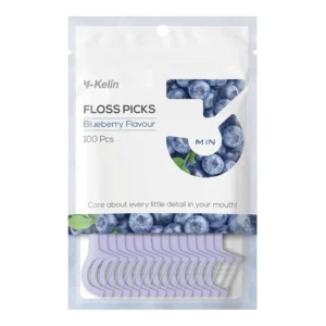 A pack of 100 blueberry flavored dental floss picks designed to prevent bad breath, gingivitis, and remove plaque for improved oral health.