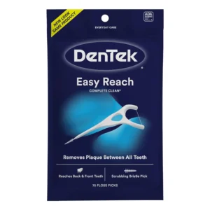 A package of Dentek Complete Clean Y Floss Picks containing 75 counts for a thorough teeth cleaning experience.