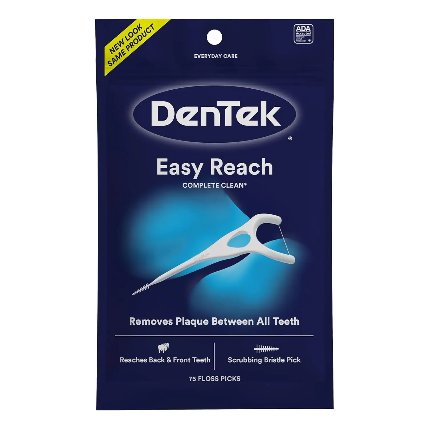 A package of Dentek Complete Clean Y Floss Picks containing 75 counts for a thorough teeth cleaning experience.