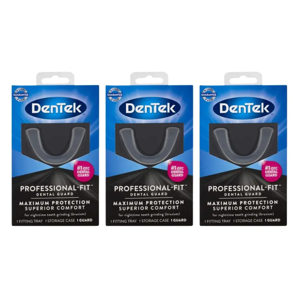 This image shows a pack of three DenTek Maximum Protection Dental Guards for professional fit and comfortable nighttime use.