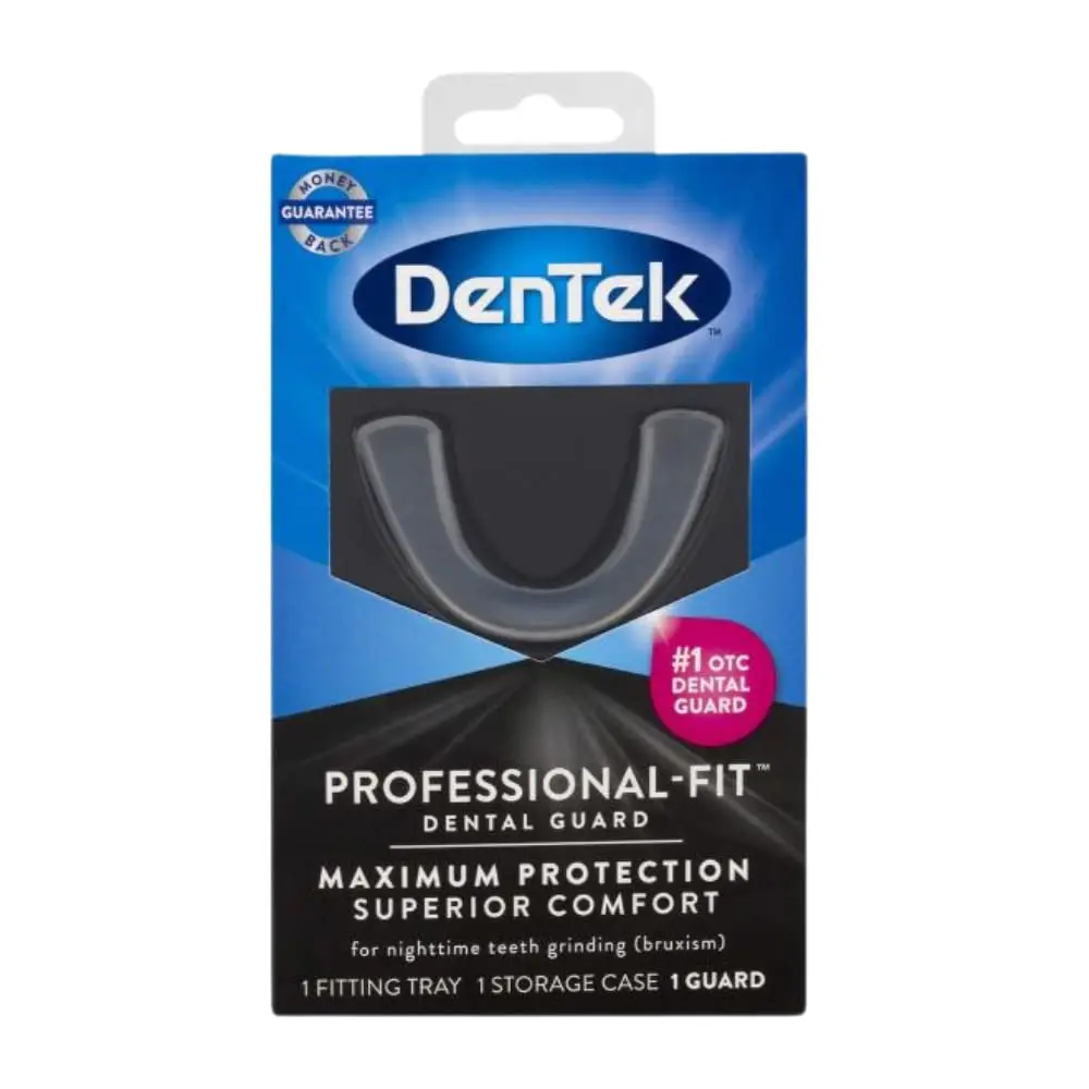This image shows a pack of three DenTek Maximum Protection Dental Guards for professional fit and comfortable nighttime use.