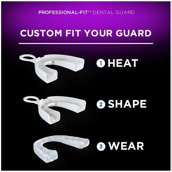 This image shows a pack of three DenTek Maximum Protection Dental Guards for professional fit and comfortable nighttime use.