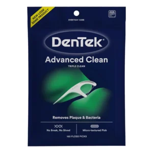 This image shows a pack of DenTek Triple Clean Floss Picks, featuring a unique 3-sided floss for a thorough clean that removes plaque and food particles.