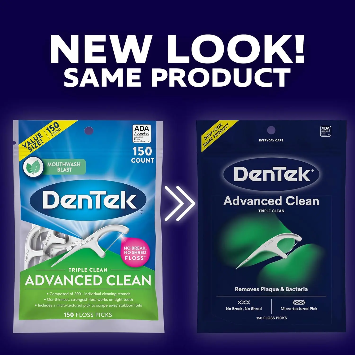 This image shows a pack of DenTek Triple Clean Floss Picks, featuring a unique 3-sided floss for a thorough clean that removes plaque and food particles.
