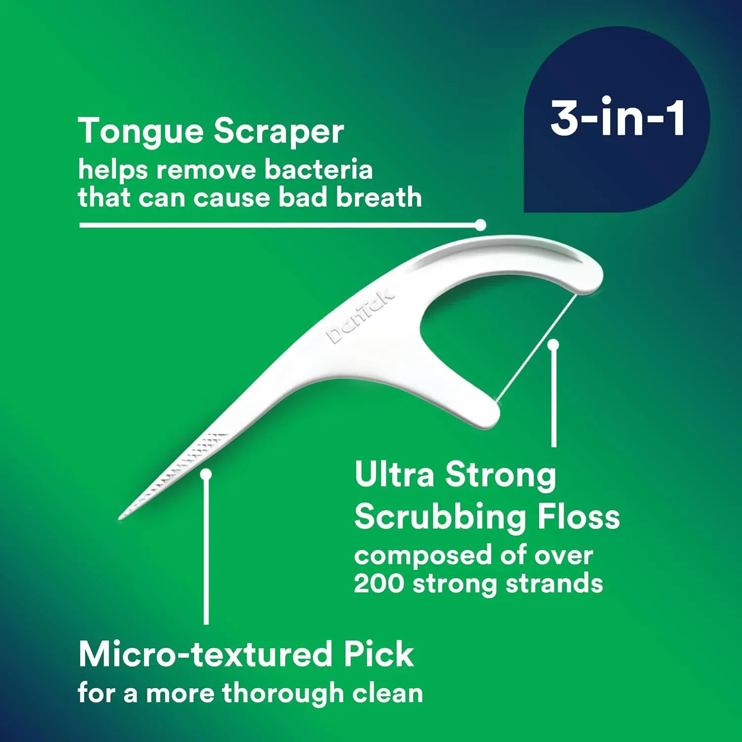 This image shows a pack of DenTek Triple Clean Floss Picks, featuring a unique 3-sided floss for a thorough clean that removes plaque and food particles.