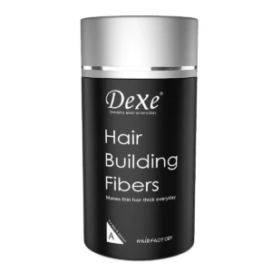 Dexe hair building fibers in black, a 22g container for concealing hair loss and thinning hair.