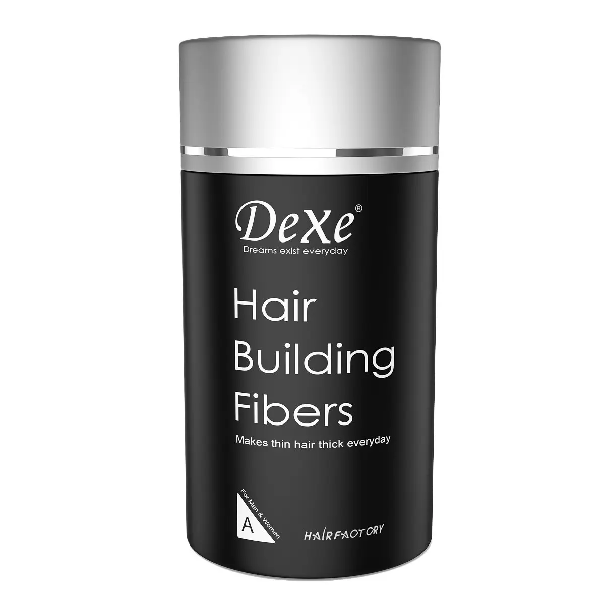 Dexe hair building fibers in black, a 22g container for concealing hair loss and thinning hair.