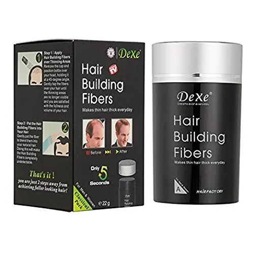 Dexe hair building fibers in black, a 22g container for concealing hair loss and thinning hair.