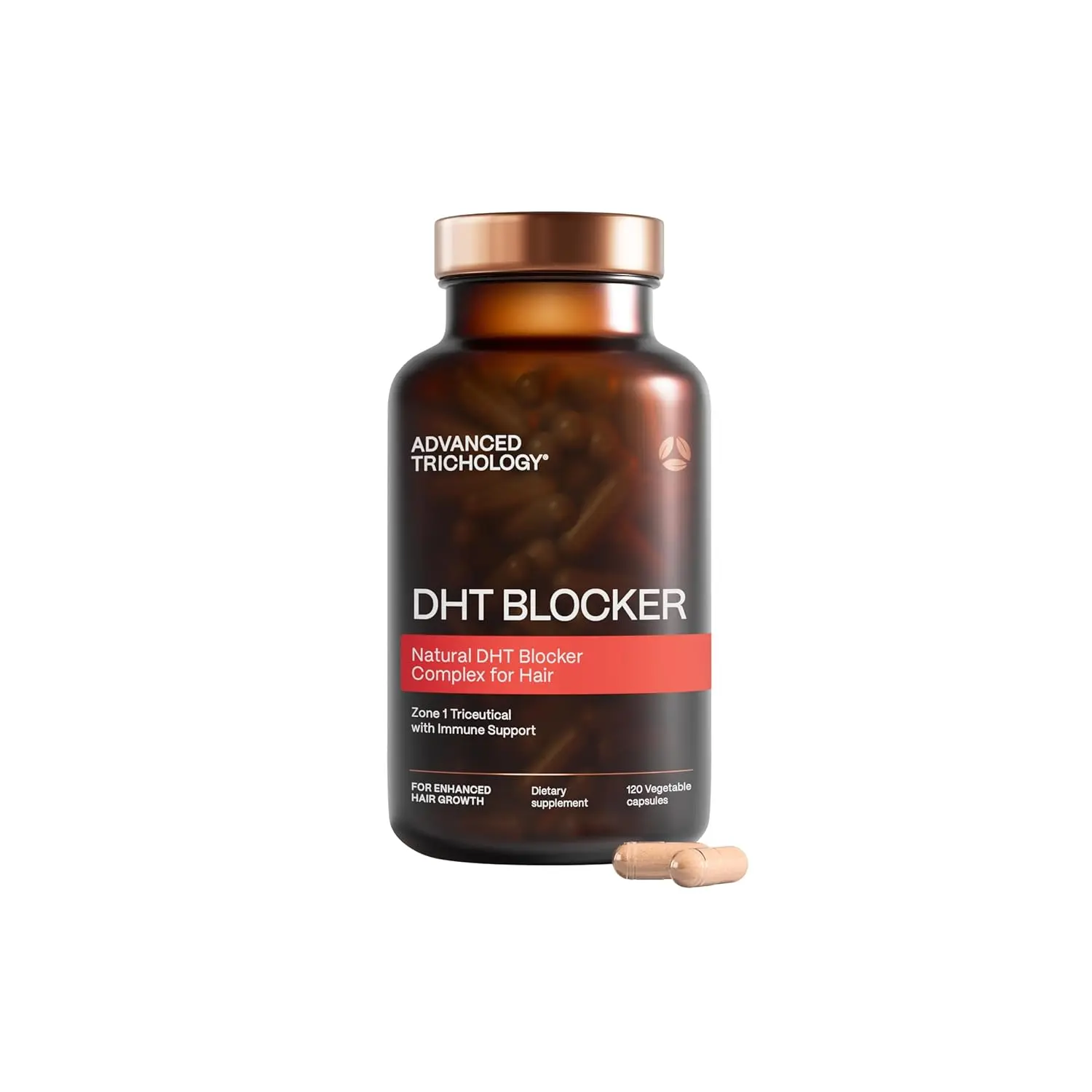 Advanced Trichology DHT Blocker hair growth supplement with immune support designed to help men and women reduce hair loss and thinning.