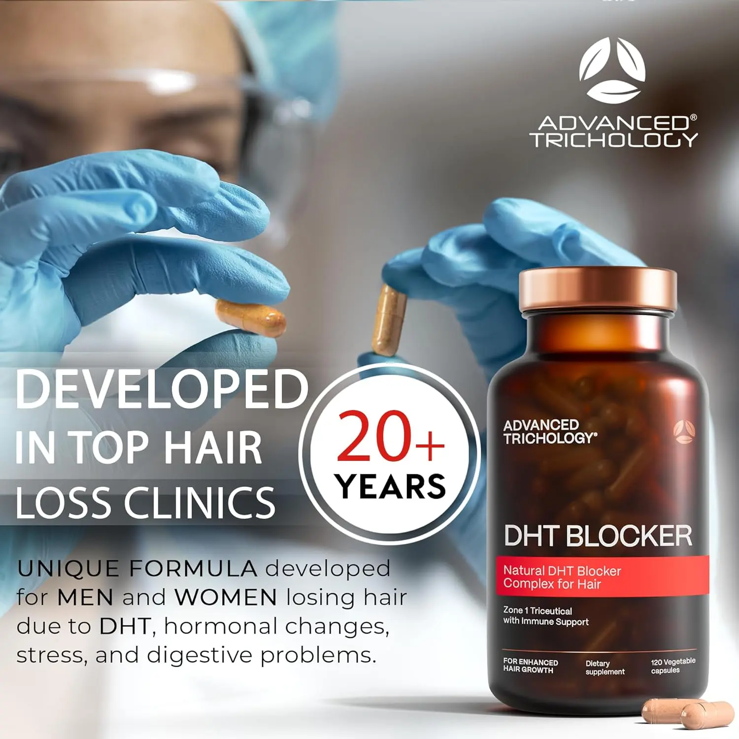 Advanced Trichology DHT Blocker hair growth supplement with immune support designed to help men and women reduce hair loss and thinning.