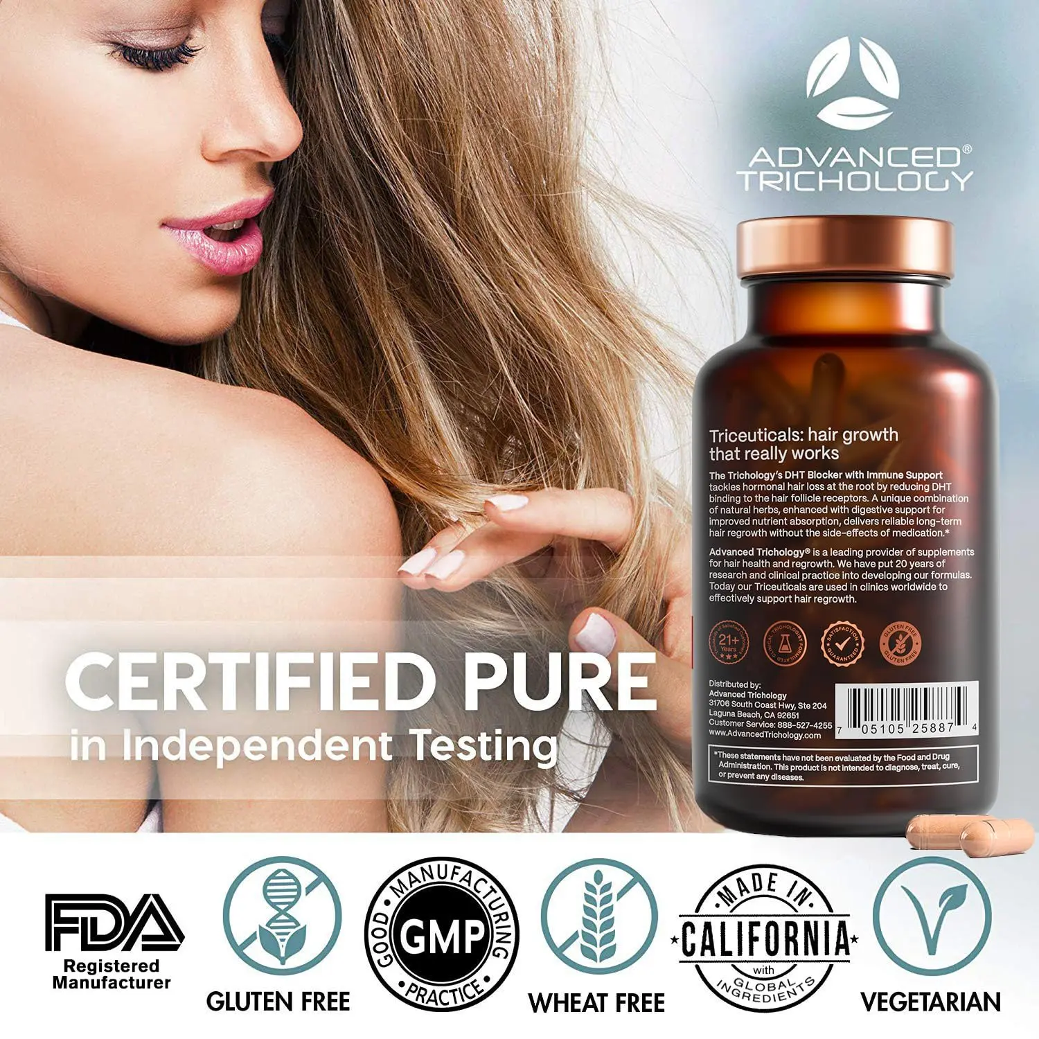 Advanced Trichology DHT Blocker hair growth supplement with immune support designed to help men and women reduce hair loss and thinning.