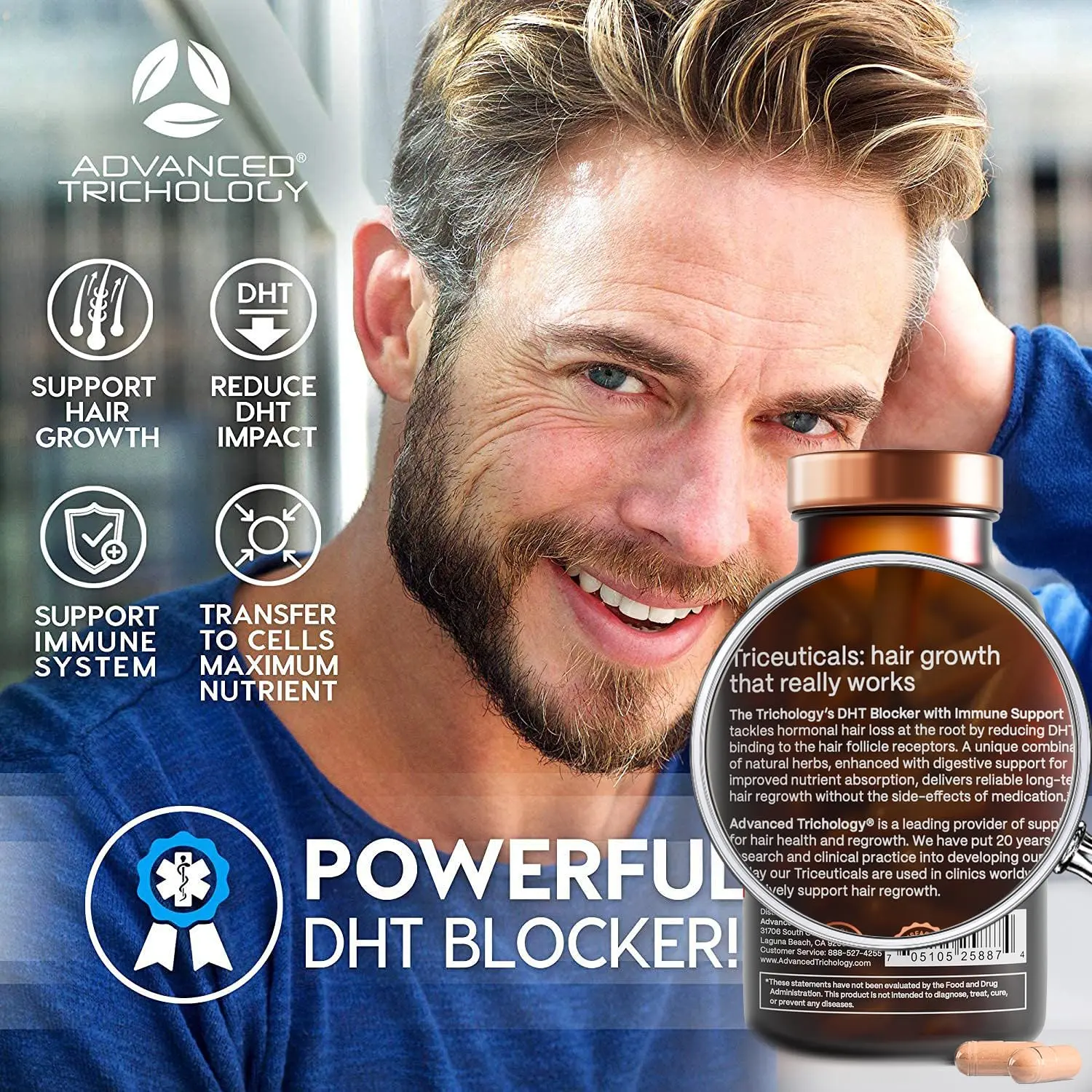 Advanced Trichology DHT Blocker hair growth supplement with immune support designed to help men and women reduce hair loss and thinning.