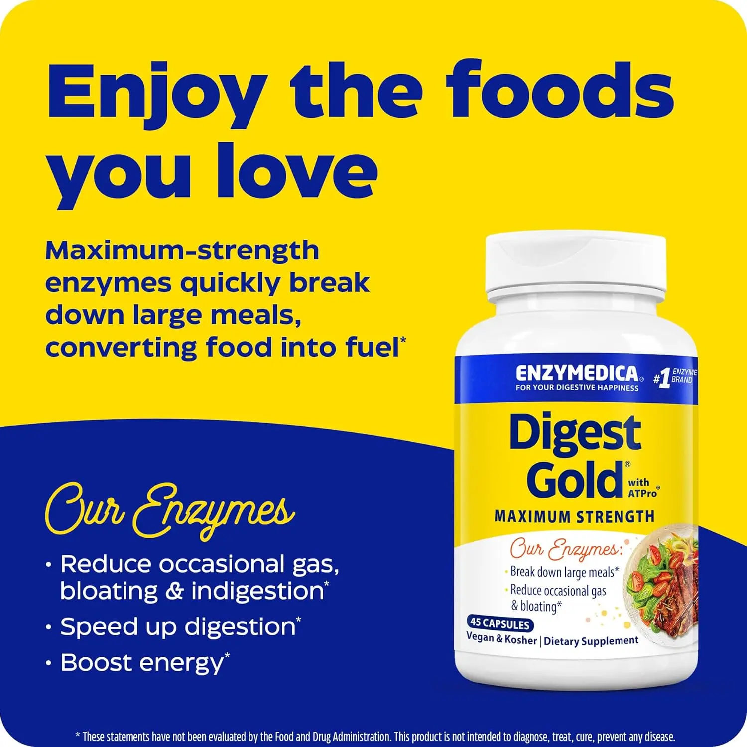 Enzymedica Digest Gold provides enzymes that help break down food for optimal digestion, improving well-being, concentration, and vitality.