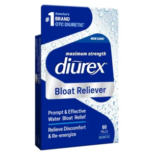 This image shows a box of Diurex Ultimate Re-Energizing Water Pills, a maximum strength diuretic that helps relieve water bloat, puffiness, and fatigue.