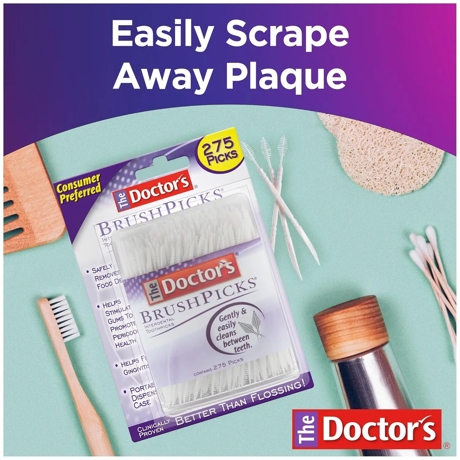 The Doctor's BrushPicks interdental picks safely remove food debris and stimulate gums to promote periodontal health and fight gingivitis.