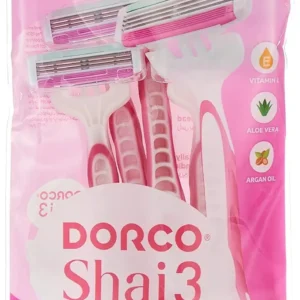 This image shows Dorco Shai 3 women's disposable razors, featuring 3 blades, a rubber grip handle, pivoting head, open flow blade, and lubricating strip, in a 4 count package.
