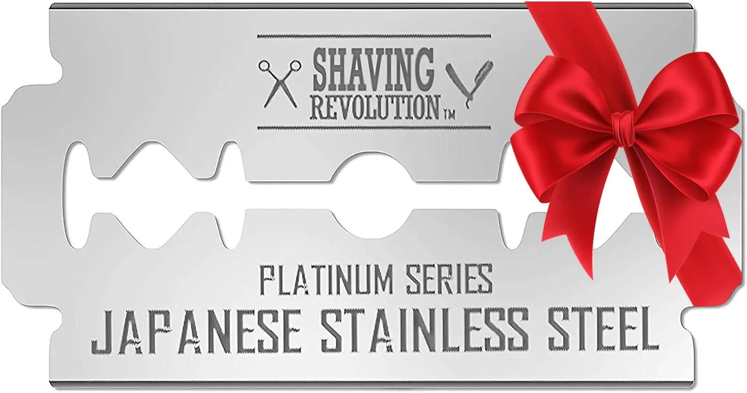 Fifty platinum coated double edge razor blades made from Japanese stainless steel provide a smooth, precise, and clean shave with safety and long-lasting durability.