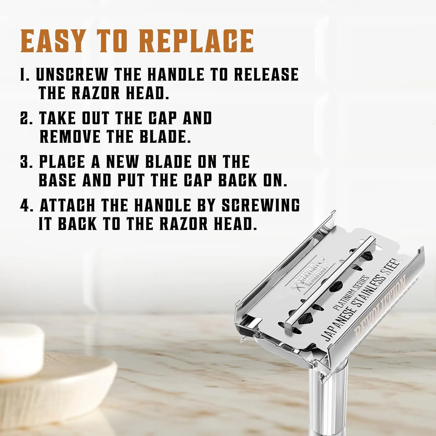 Fifty platinum coated double edge razor blades made from Japanese stainless steel provide a smooth, precise, and clean shave with safety and long-lasting durability.