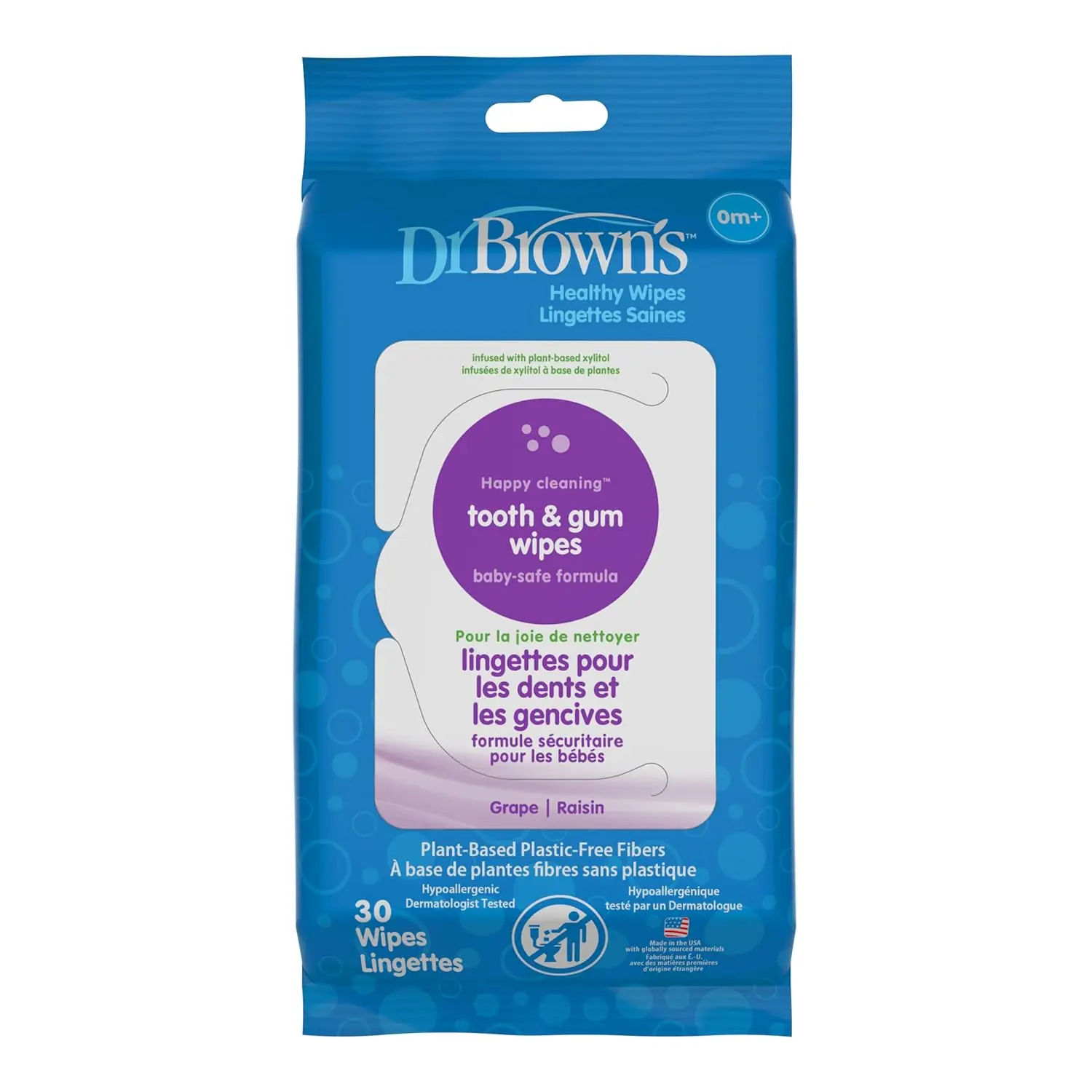 Dr. Brown's fluoride-free tooth and gum wipes in a 30-pack, safe to swallow and BPA-free.