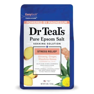 Dr Teal's Stress Relief Epsom Salt infused with essential oils, ginseng and ginger, offering a relaxing bath experience for easing aches and reducing stress.