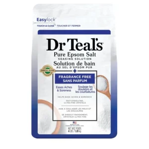 A bag of Dr Teal's Fragrance Free Epsom Salt Magnesium Soak, perfect for revitalizing muscles, relieving aches and soothing tired feet with a paraben and phthalate-free formula.