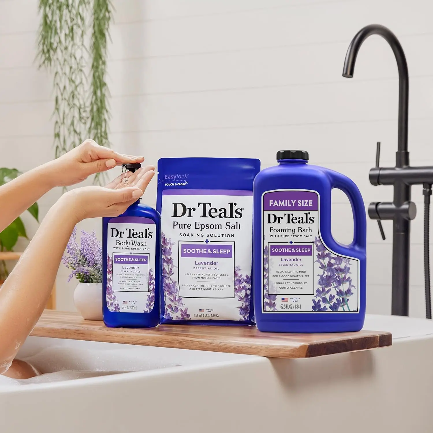 Dr Teal's Soothe & Sleep Lavender foaming bath with pure Epsom salt is infused with essential oils to gently cleanse, refresh skin, and promote relaxation.