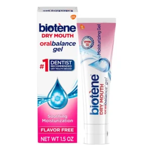 Six pack of biotène Oral Balance Dry Mouth Moisturizer Gel in hygienic packaging, each containing 1.5 oz of specially formulated gel for dry mouth relief.