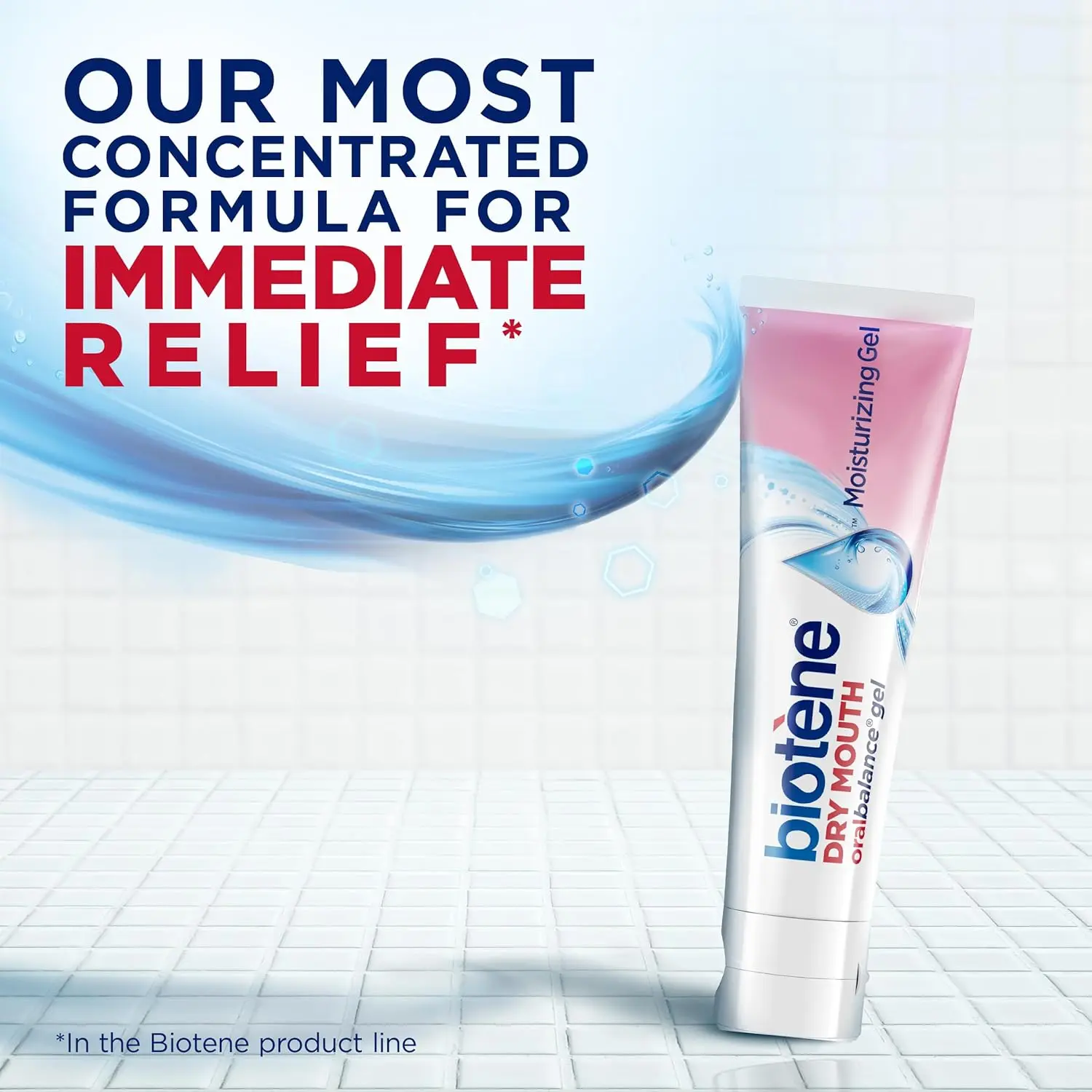 Six pack of biotène Oral Balance Dry Mouth Moisturizer Gel in hygienic packaging, each containing 1.5 oz of specially formulated gel for dry mouth relief.