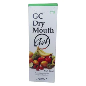 GC Dry Mouth Gel with fruit salad flavor provides a protective coating for dry mouth relief in denture wearers, children, and adults.