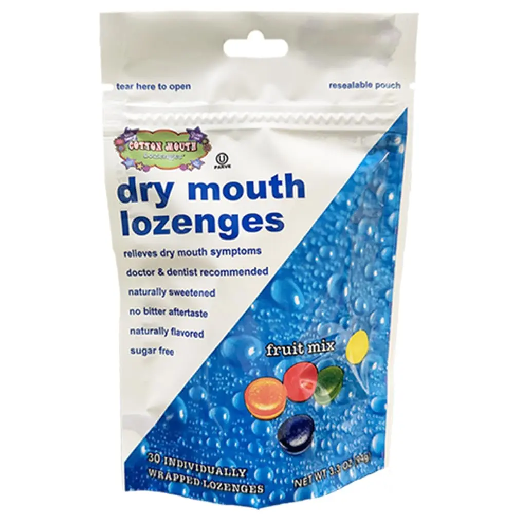 A bag of sugar-free fruit flavored dry mouth lozenges that are naturally sweetened, gluten-free, non-GMO, kosher, and made in the USA to relieve cotton mouth.