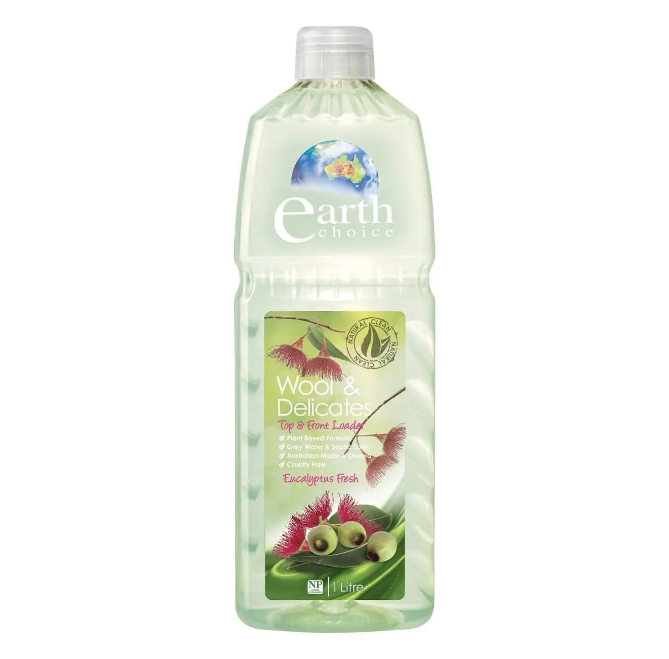 Earth Choice 1L woolwash with natural eucalyptus oil cleans clothes gently yet effectively in top and front load washers.