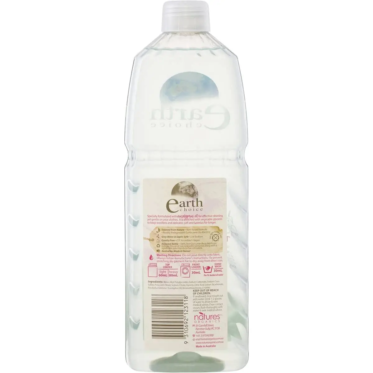 Earth Choice 1L woolwash with natural eucalyptus oil cleans clothes gently yet effectively in top and front load washers.