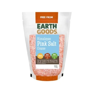 Earth Goods coarse Himalayan pink salt in a resealable 750G package, 100% natural, non-processed, a source of sodium, calcium, potassium, and iron, with no added iodine.