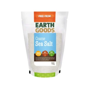 A resealable package of Earth Goods Coarse Sea Salt, a 100% natural, non-GMO source of sodium, calcium, potassium, and iron, free of additives, chemicals, iodine and anticaking agents.