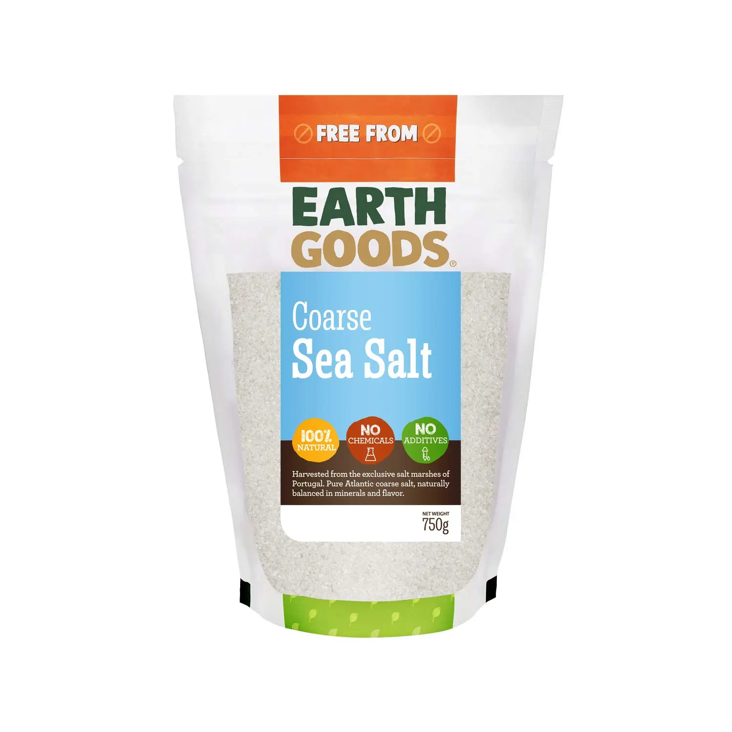 A resealable package of Earth Goods Coarse Sea Salt, a 100% natural, non-GMO source of sodium, calcium, potassium, and iron, free of additives, chemicals, iodine and anticaking agents.