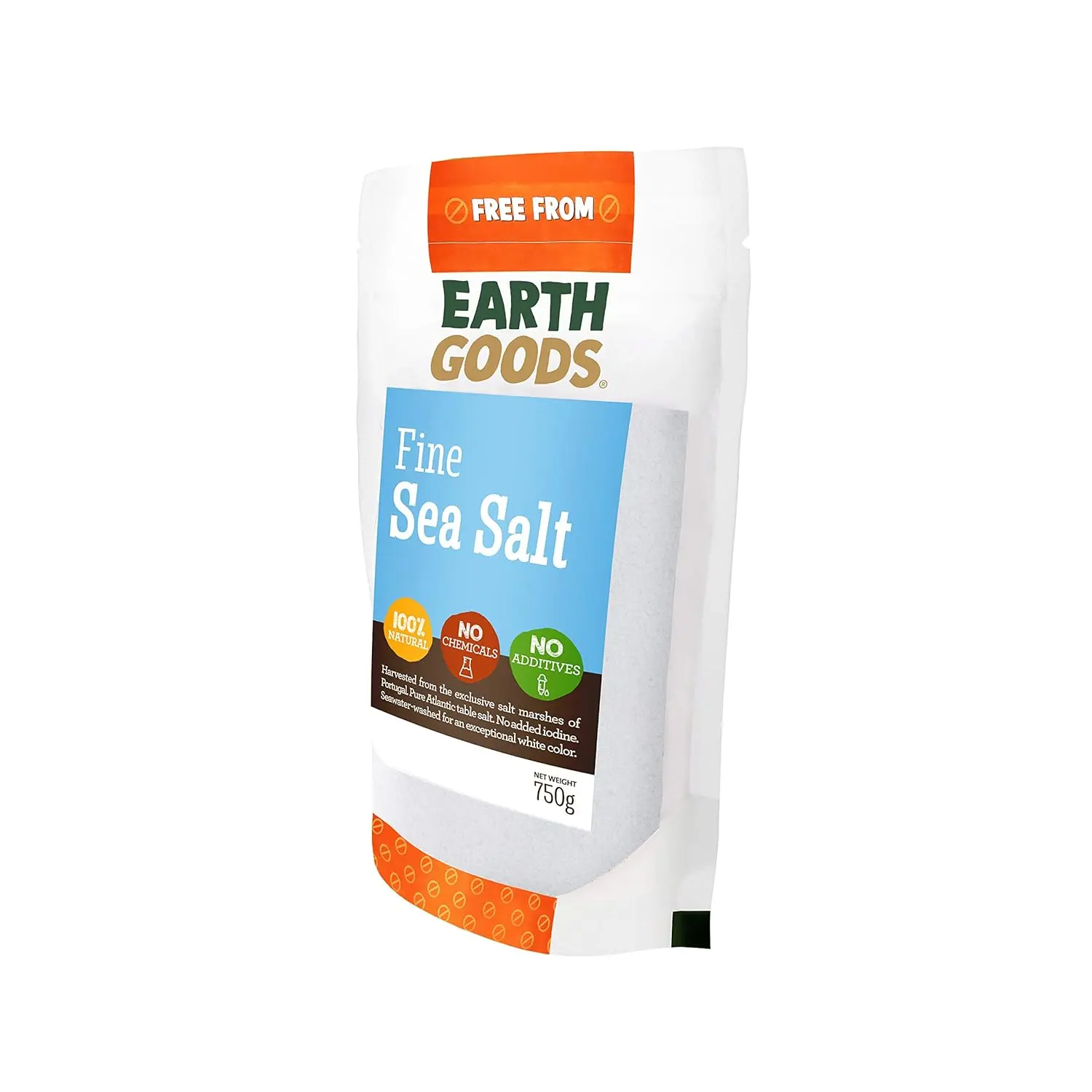 A resealable package of Earth Goods Fine Sea Salt, a 100% natural, non-GMO source of sodium, calcium, potassium and iron.