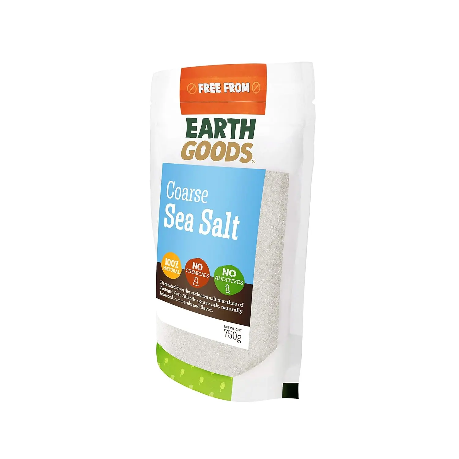 A resealable package of Earth Goods Coarse Sea Salt, a 100% natural, non-GMO source of sodium, calcium, potassium, and iron, free of additives, chemicals, iodine and anticaking agents.