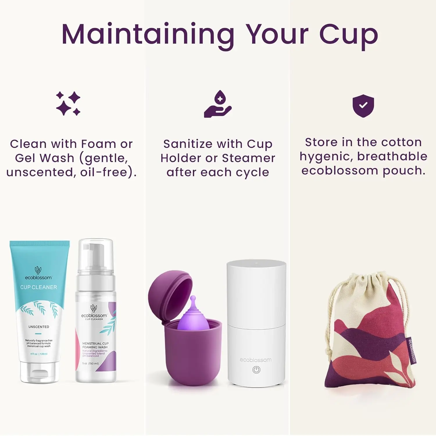 EcoBlossom menstrual cup kit offers a sustainable and leak-proof alternative to tampons and pads for up to 12 hours of comfortable, interruption-free period protection.