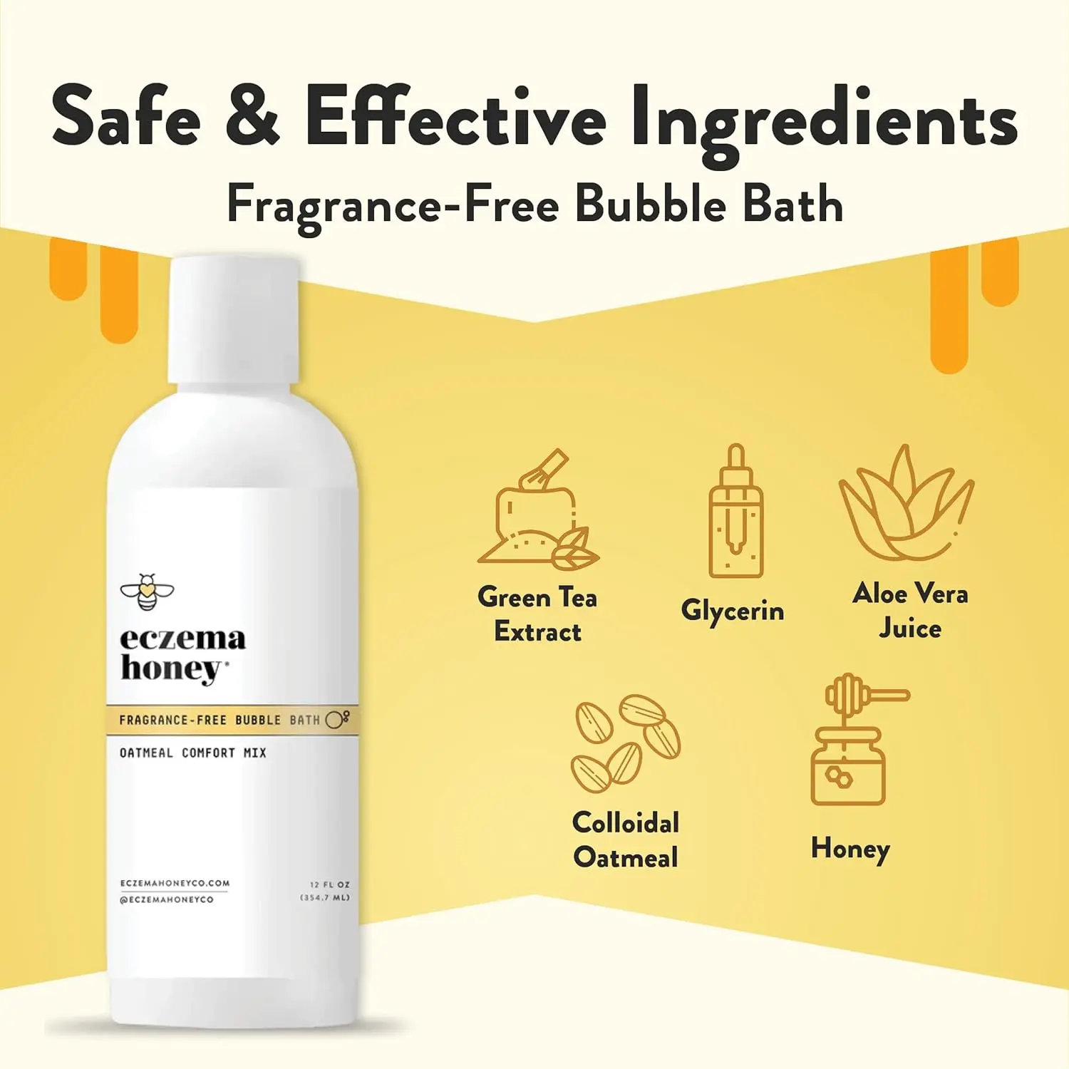 Eczema Honey fragrance-free oatmeal bubble bath gently cleanses and soothes sensitive skin, providing relief from eczema and irritation while promoting healthy, soft, and glowing skin for the whole family.