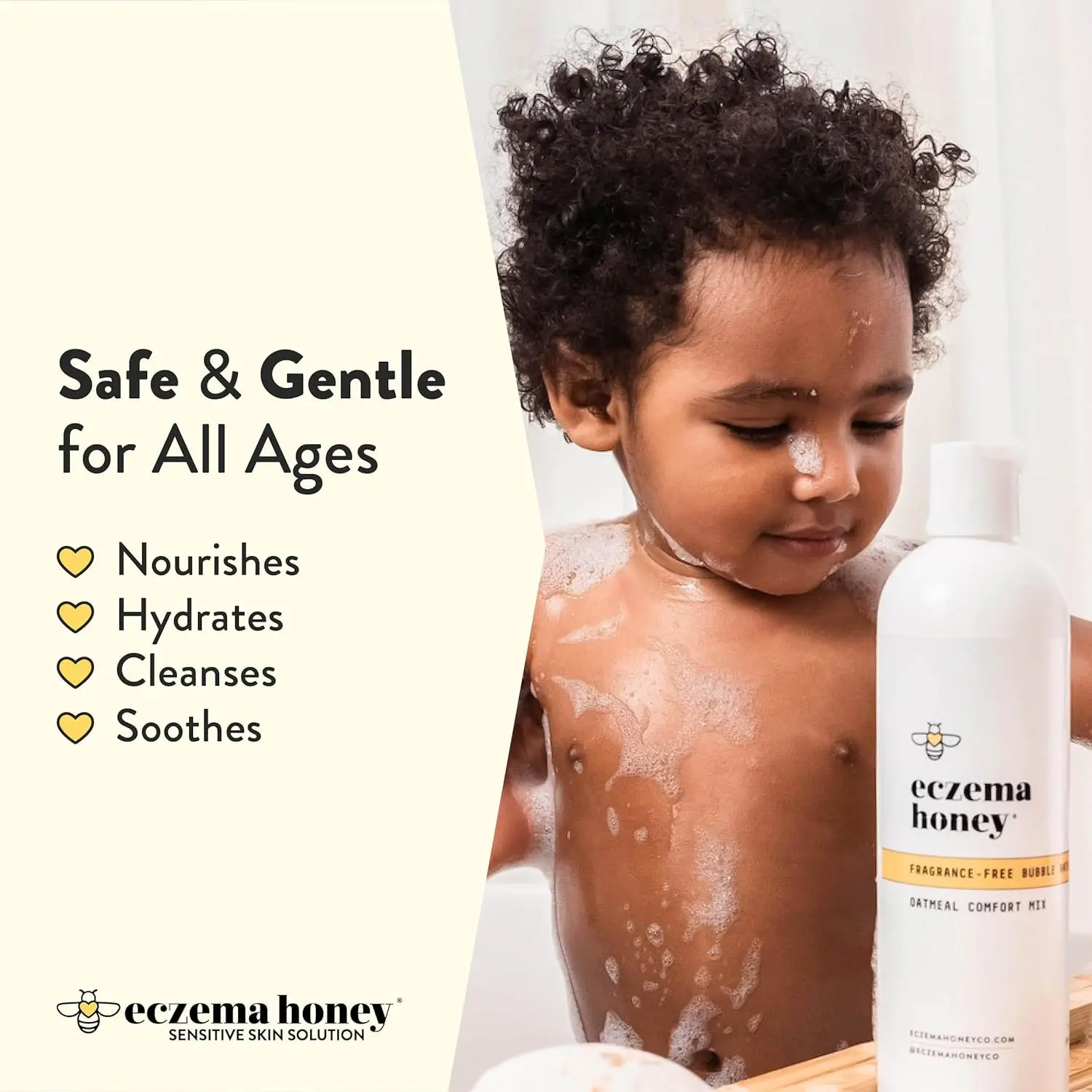 Eczema Honey fragrance-free oatmeal bubble bath gently cleanses and soothes sensitive skin, providing relief from eczema and irritation while promoting healthy, soft, and glowing skin for the whole family.
