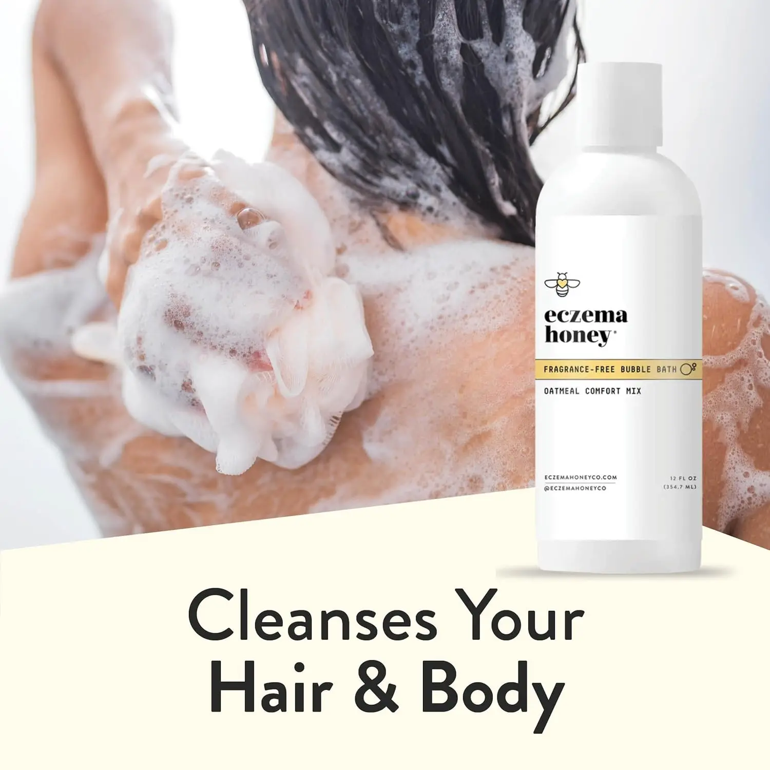 Eczema Honey fragrance-free oatmeal bubble bath gently cleanses and soothes sensitive skin, providing relief from eczema and irritation while promoting healthy, soft, and glowing skin for the whole family.