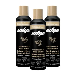 Three cans of Edge shave gel in cedarwood and shea butter scent for men to provide a smooth, irritation-free shave.