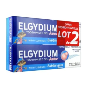 Two tubes of Elgydium Junior toothpaste with bubblegum flavor, formulated for children aged 7 to 12 to protect against tooth decay.