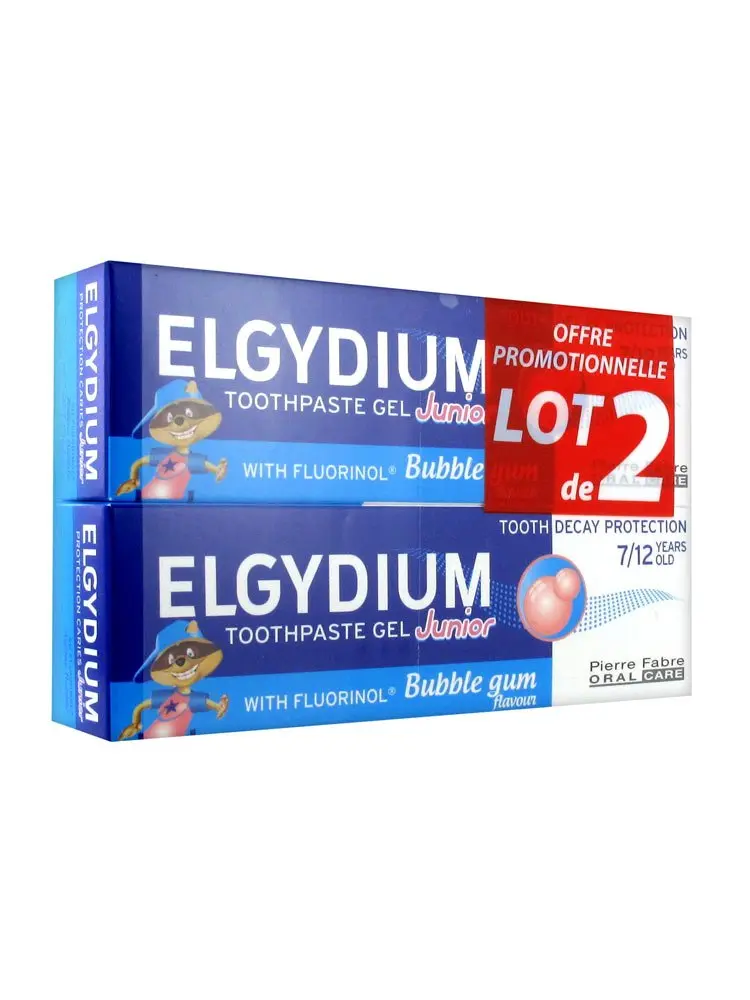 Two tubes of Elgydium Junior toothpaste with bubblegum flavor, formulated for children aged 7 to 12 to protect against tooth decay.